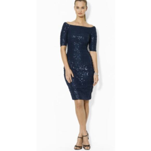 Ralph Lauren evening sheath dress women 4 fairy lace sequin midnight blue formal - Picture 1 of 14